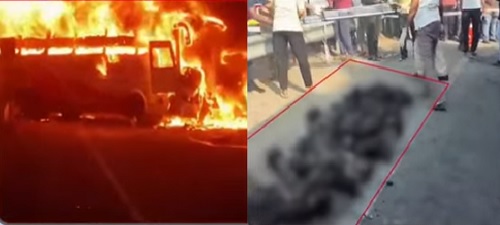 ಟಿಪ್ಪರ್- ಖಾಸಗಿ ಬಸ್ ಡಿಕ್ಕಿ: 13 ಮಂದಿ ಸಜೀವ ದಹನ