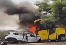 ಕಾರು ಮತ್ತು ಖಾಸಗಿ ಬಸ್ ನಡುವೆ ಭೀಕರ ಅಪಘಾತ: 6 ಮಂದಿ ಸಜೀವ ದಹನ