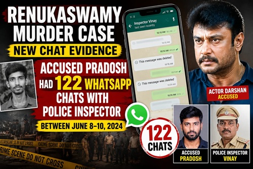ರೇಣುಕಾಸ್ವಾಮಿ ಕೊಲೆ ಪ್ರಕರಣ: ಪೊಲೀಸ್ ಇನ್ಸ್ಪೆಕ್ಟರ್ ಜೊತೆ ಆರೋಪಿ ಪ್ರದೋಶ್ 122 ಬಾರಿ ವಾಟ್ಸಾಪ್ ಚಾಟ್