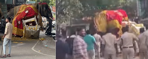 ಶಿವಮೊಗ್ಗ ದಸರಾ ಜಂಬೂಸವಾರಿ ವೇಳೆ ಅವಘಡ: ದಿಕ್ಕಾಪಾಲಾಗಿ ಓಡಾಡಿದ ಅಂಬಾರಿ ಆನೆ